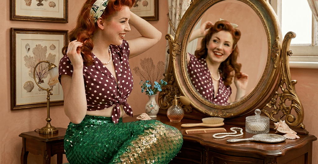 Woman dressed as a mermaid sitting on a bench smiling and adjusting hair in mirror